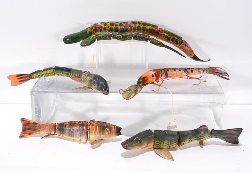 Bud Stewart. 6 Fish & Snake Lures & Decoys. (1 of 2)