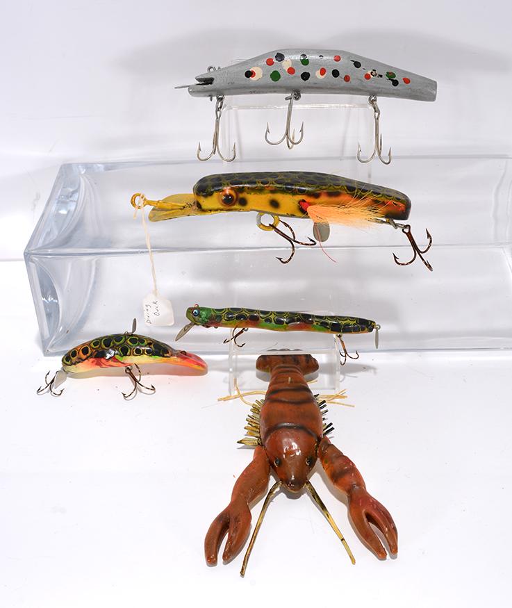 Five Lures With Crawfish.: Unknown. Five Lures With Crawfish. Not signed. Carved and painted wood with mixed media. Great condition. Average size is 8” long. Est. $50-100. Ship: $25