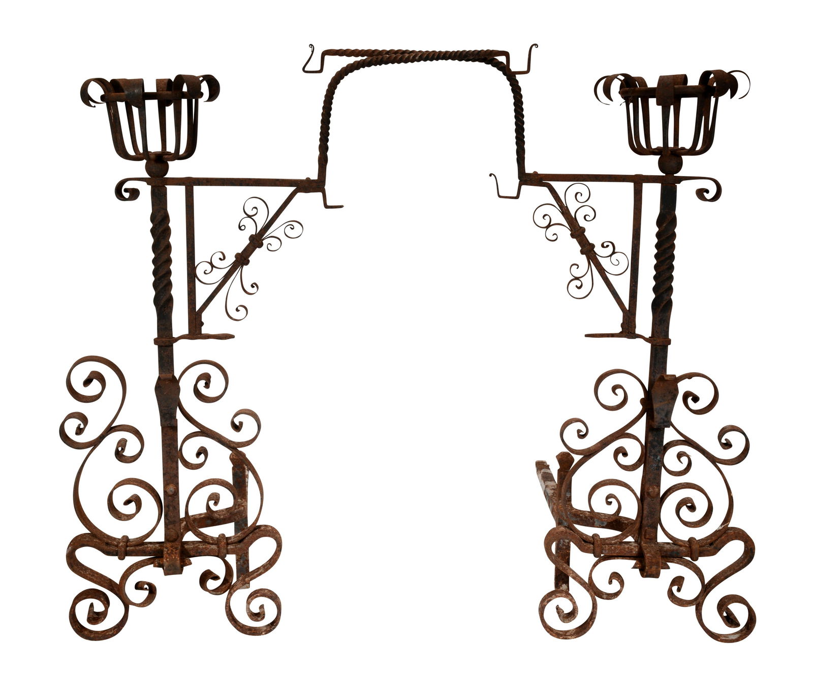XL Fireplace Andirons With Swinging Arms.: Anonymous. Extra Large Fireplace Andirons With Swinging Arms. Hand-forged metal. Expected wear, otherwise good condition. 38”h x 14” w x 28” d. Est. $1,000-2,000. Buyer is responsibl