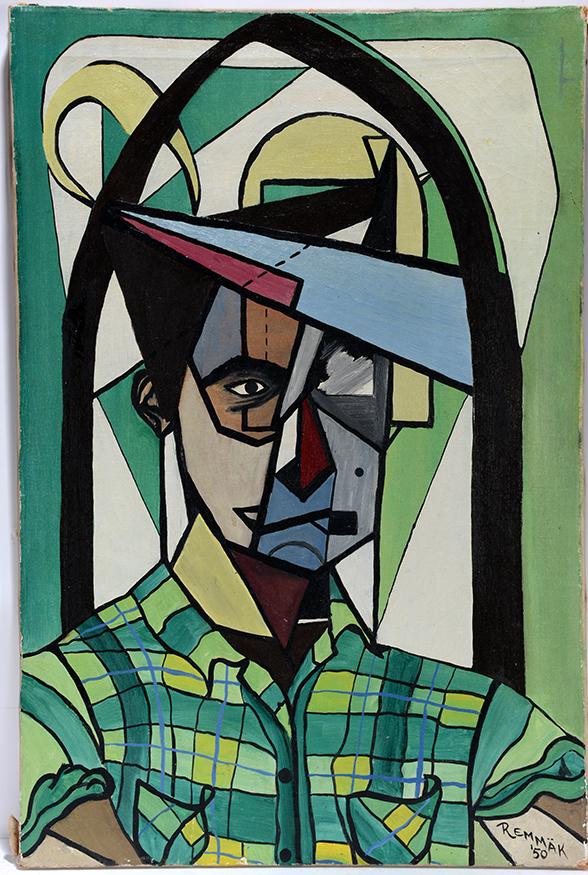 Remmak. Cubist Man.: Remmak. Cubist Man. 1950. Signed and dated. Oil on canvas. Minor repair middle left, otherwise great condition. 20” w x 30”h. Est. $300-500. Ship: $55