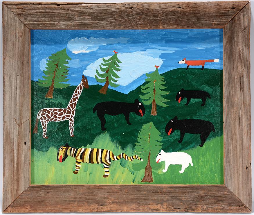 Minnie Adkins. Animals A Plenty.: Minnie Adkins. Animals A Plenty. 1989. Signed, dated and titled. Paint on canvas panel. Excellent condition. 24” w x 21”h with frame. Est. $200-300. Ship: $45