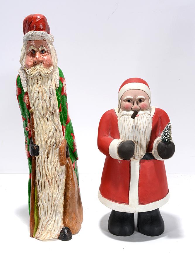 Guy Purcell & Unknown. Pair of Santas.: Guy Purcell & Unknown. Pair of Santas. One is signed. Not dated. Carved and painted wood. Great condition. Tallest is 18”h. Est. $100-200. Ship: $55