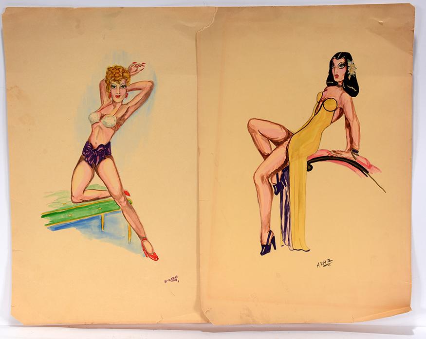 AZHR. Pin-Up Girls.: AZHR. Pin-Up Girls. c. 1940’s. Paint on paper. Paper is torn on edges, otherwise fair condition. Average size is 12”w x 18”h. Est. $100-200. Ship: $45