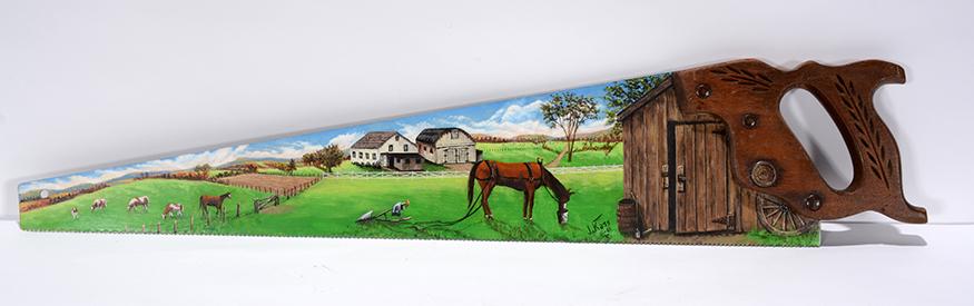 J. Kass. Country Scene Saw.: J. Kass. Country Scene Saw. 1981 Signed and dated. Paint on old handsaw. Great condition. 29”long. Est. $100-200. Ship: $45