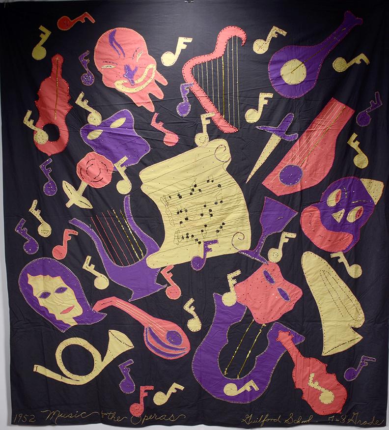 Guilford School. 7 & 8 Grade Music Sheet.: Guilford School. 7 & 8 Grade Music & The Operas Sheet. 1952. Hand-sewn cotton, sequins on large black cotton linen. Great condition. 80”x 95”. Est. $500-800. Ship: $35