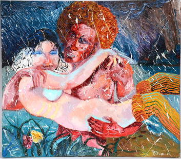 Peter Dean. Lovers In The Rain.: Peter Dean (1934-1993). Lovers In The Rain. 1982. Signed. Oil on canvas. 50" w x 44" h. Excellent condition. Est. $1,000-3,000. Buyer is responsible for shipping.