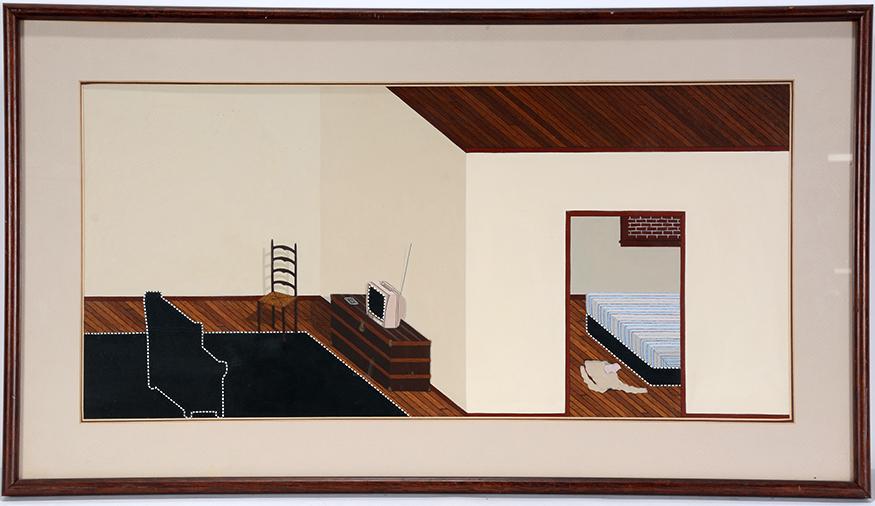 Sue Julien. Interior.: Sue Julien. Interior. Oil on birchwood. 26.75" w x 12.75" h. 32.25" w x 18.25" h with frame. Est. $300-500. Ship: $45