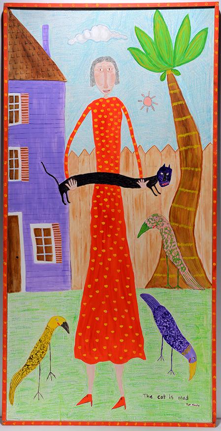 Pat Neely. The Cat Is Mad.: Pat Neely. The Cat Is Mad. Signed and titled. Paint and crayon on board. Excellent condition. 25" w x 49" h with frame. Provenance: Yolanda Saul Gallery, formerly in Chicago. Anonymous donor, proceeds