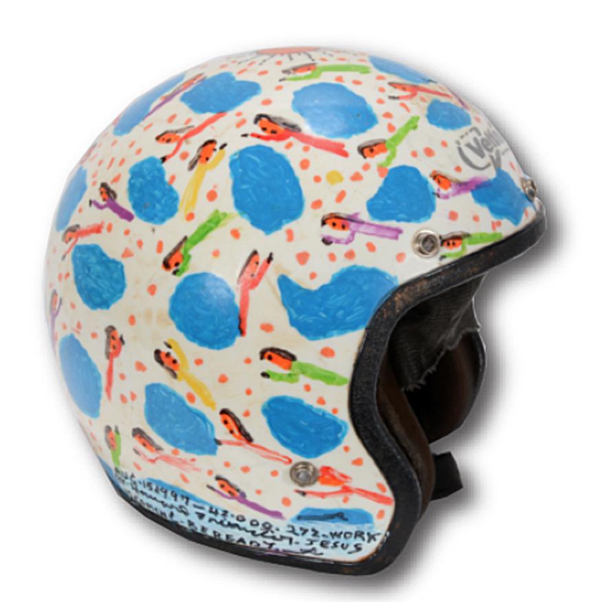 Howard Finster. Crash Helmet For Jesus.: Howard Finster. Crash Helmet For Jesus. 1997. #42,272. Signed, dated, titled and numbered. Paint and marker on helmet. Minor loss to liner, otherwise great condition. 10" h. Est. $300-500. Ship: $35
