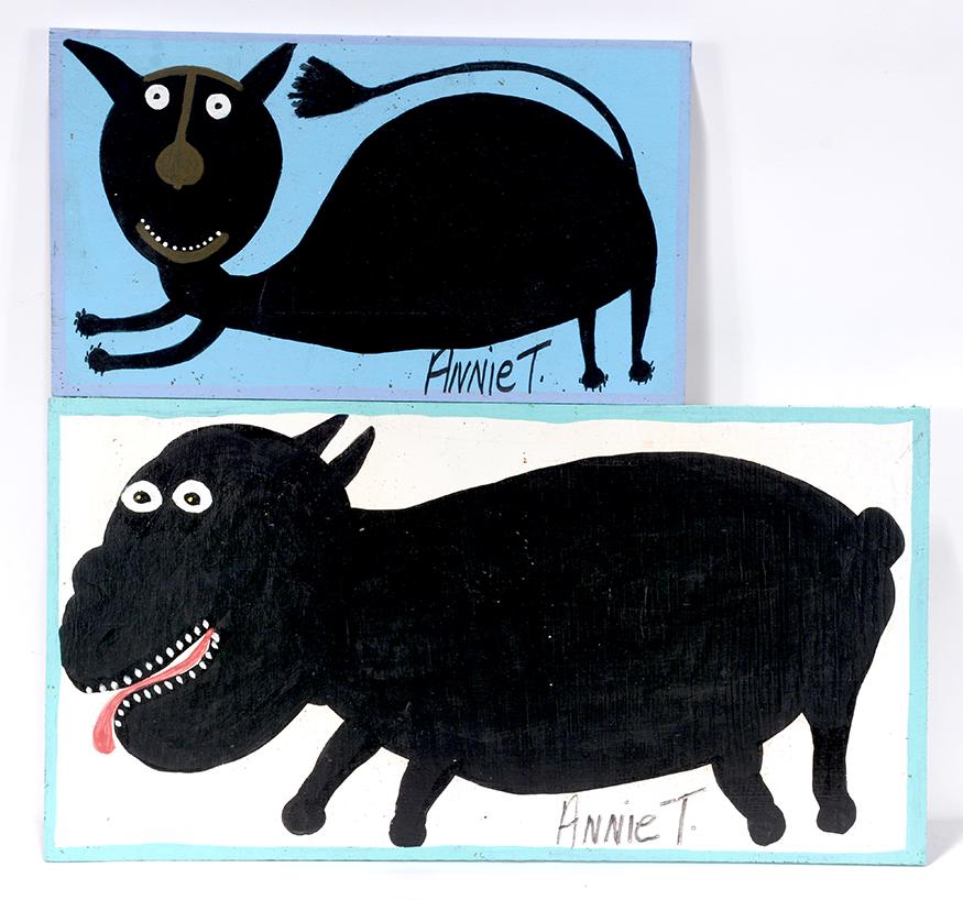 Annie Tolliver. Cat and Dog.: Annie Tolliver. Cat and Dog. 2004 and 2005. Signed and dated. Paint on board. Good condition. Largest is 22" w x 12" h. Est. $200-400. Ship: $55