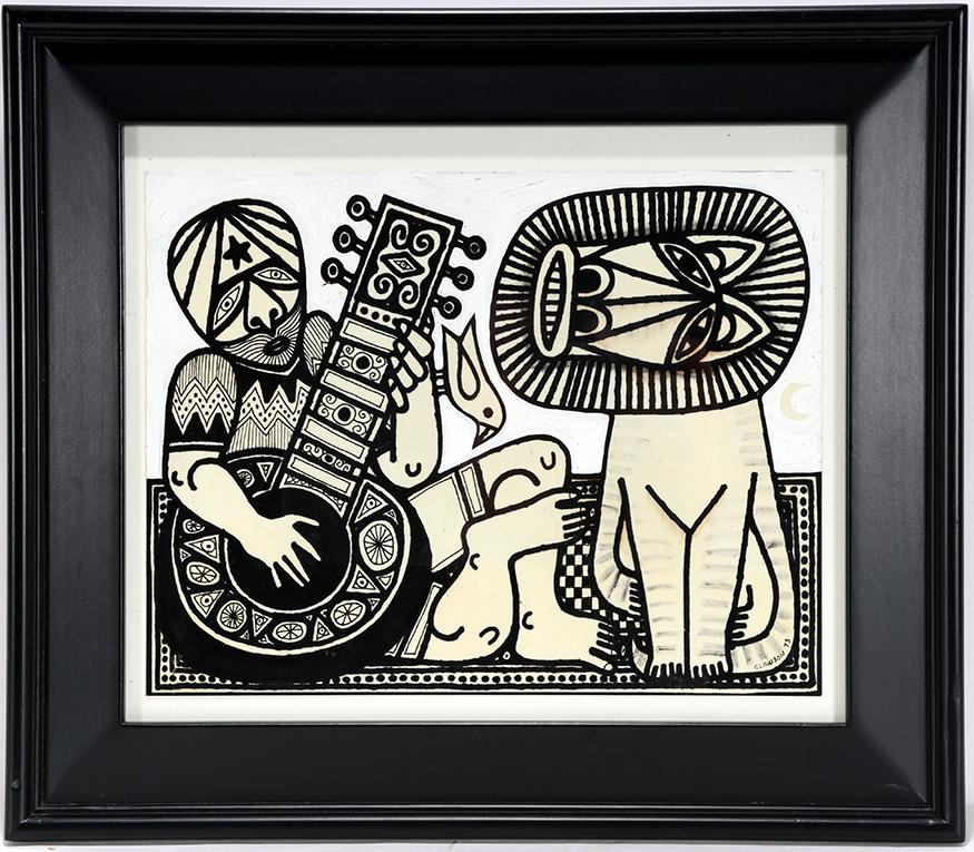 Rex Clawson. Taming The Lion.: Rex Clawson. Taming The Lion. 1975. Signed and dated. Paint on cardstock. Excellent condition. 15" w x 13" h with frame. Est. $400-600. Ship: $35