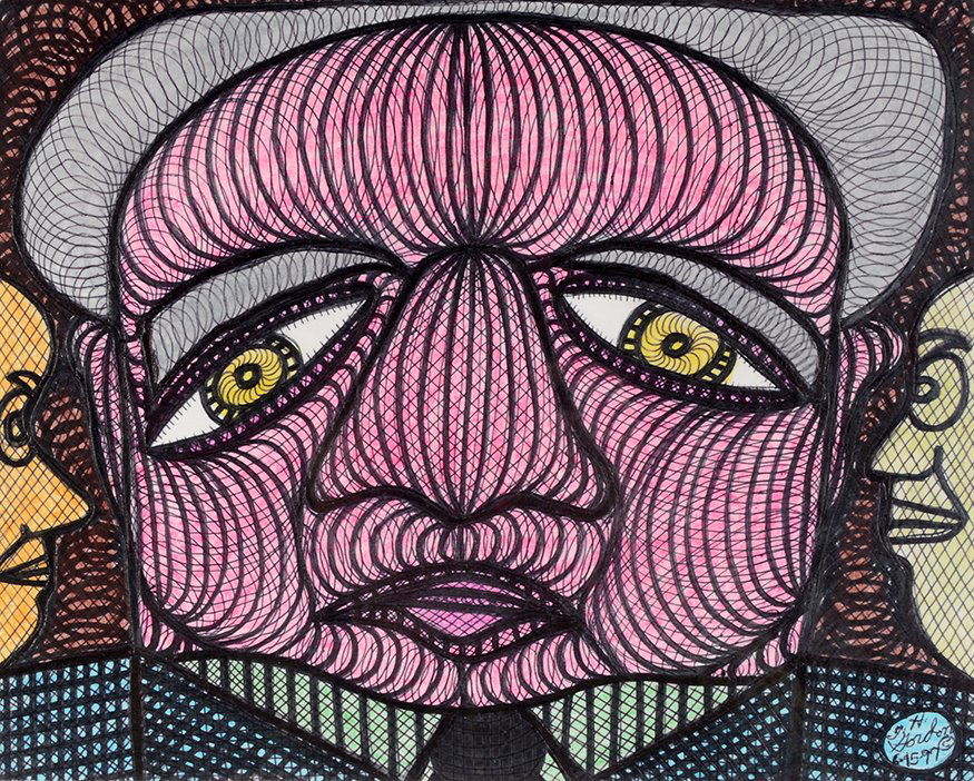 Ted Gordon. Talking In My Ear.: Ted Gordon. Talking In My Ear. 1997. Signed and dated. Pen and marker on illustrator paper. 11.5" w x 9.25" h. Frame is 17" w x 15" h. Excellent condition. Est. $800-1,200. Ship: $35