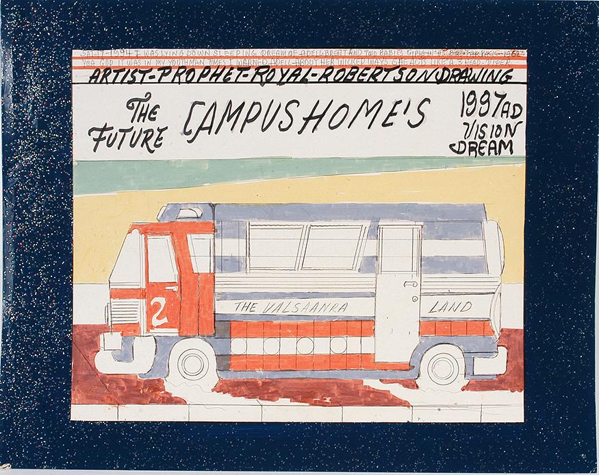 Prophet Royal Robertson. Campus Home’s.: Prophet Royal Robertson. The Campus Home's. 1997. Signed and dated. Paint, marker and glitter on poster. Good condition. 28" x 22". Provenance: Dr. Regenia Perry. Est. $200-300. Ship: $45