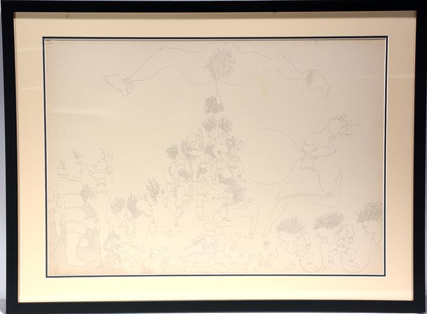 Jan Dobkowski. Erotic Line Drawing.: Jan Dobkowski. Erotic Line Drawing. 1972. Signed and dated. Graphite on paper. Missing top left corner, otherwise good condition. 35" w x 26" h with frame. Est. $200-400. Ship: $85