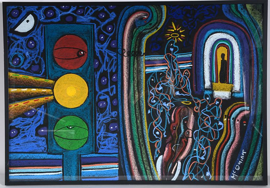 John McQuirk. Stop Light.: John McQuirk. Stop Light. Signed. Not dated. Mixed media on black paper. Excellent condition. 27" w x 19" h with frame. Est. $200-300. Ship: $55