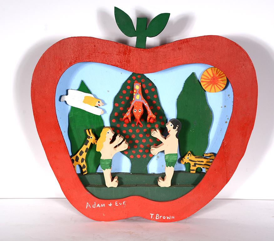 Tubby Brown. Adam & Eve Apple.: Tubby Brown. Adam & Eve Apple. Signed and titled. Carved and painted wood. Great condition. 19" h x 20" x 2". Est. $200-300. Ship: $85