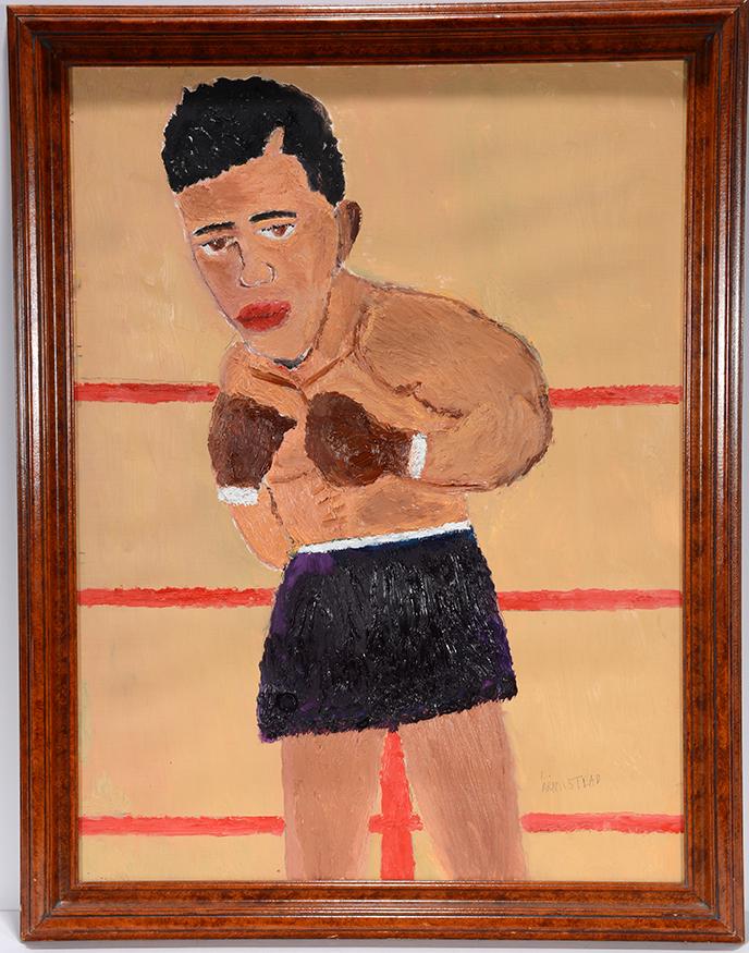 Larry Armistead. Boxer.: Larry Armistead. Boxer. Signed. Not dated. Oil on canvas shade. Great condition. 21" w x 27" h with frame. Est. $100-300. Ship: $45