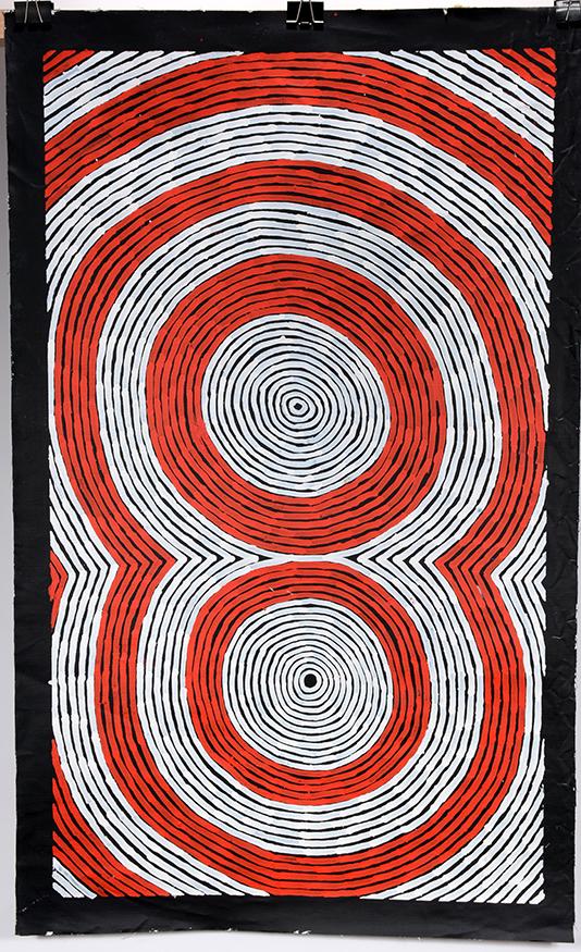 Albury Tjampitjinpa. Red & Blue Fig 8.: Albury Tjampitjinpa. Red and Blue Figure 8. Signed on verso. Oil on canvas. 51" x 31". Provenance: The Estate of Kevin Reid, owner of the Australian Aboriginal Art Gallery in Savannah, GA. Est. $500-8