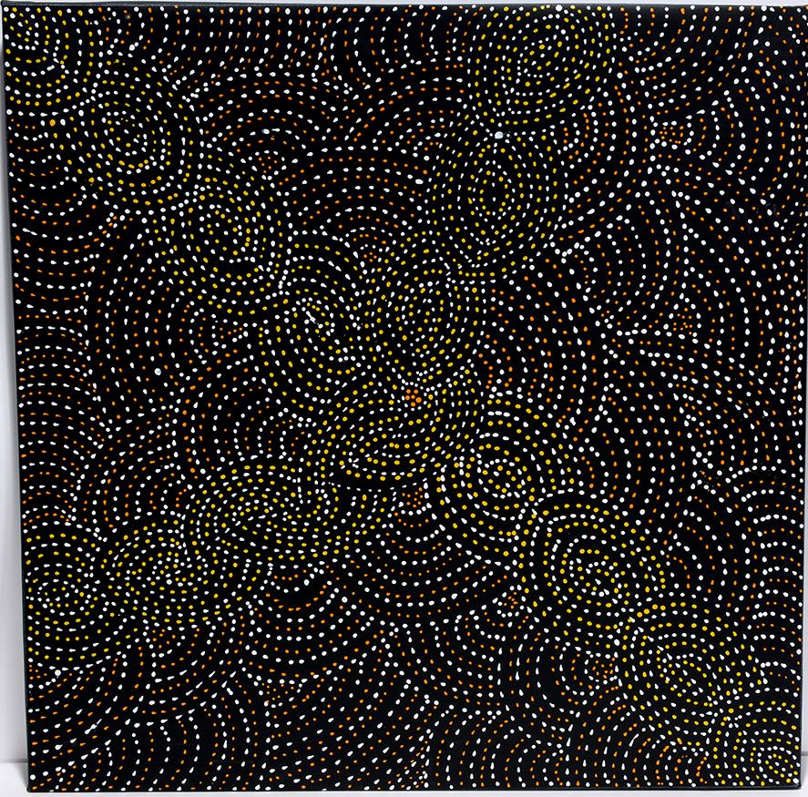 Gracie Morton Pwerle. Yellow & White.: Gracie Morton Pwerle. Small Yellow and White Pattern On Black. Signed. Oil on canvas. Excellent condition. 24" x 24". Provenance: The Estate of Kevin Reid, owner of the Australian Aboriginal Art Galle