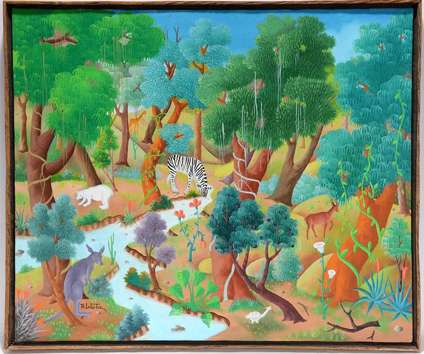 Ph. Latortue. Fantasy Jungle Scene.: Ph. Latortue. Fantasy Jungle Scene. Signed. Not dated. Oil on canvas. Excellent condition. 25" w x 21" h. Est. $200-300. Ship: $45