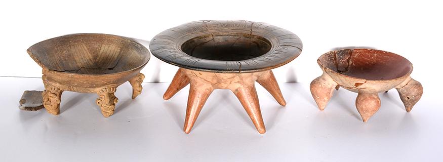 Chorrera Culture Footed Bowls.: Chorrera Culture Footed Bowls. c. 1300-300 BCE. Pre-Columbian Ecuador. Archaeologist found and repaired condition. Largest is 9" d x 4" h. Est. $200-300. Ship: $75