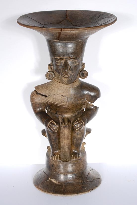 Broken Figure with Large Bowl Headdress.: Unknown. Broken Large Figure On Chari with Large Bowl Headdress. Needs complete restoration. Poor condition. 21" h. Est. $100-200. Ship: $65