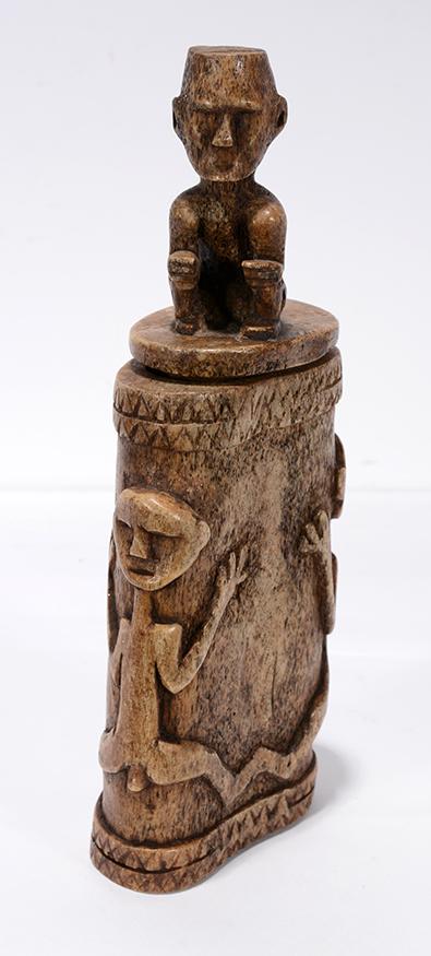 Early Shaman Ox Bone Figural Box.: Anonymous Early Shaman Ox Bone Figural Box. Not signed. Carved bone with male figures relief with seated bone man top lid. Excellent condition. 9.5" h x 3.5" x 2". Est. $300-500. Ship: $35