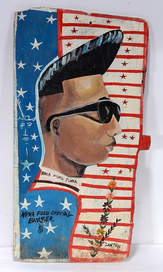 Ian Toda. Nana Fosa Special Barber.: Ian Toda. Nana Fosa Special Barber. Signed and titled. Paint on found board. Some weathering, otherwise good environmental condition. 12" w x 22" h. Est. $200-300. Ship: $45