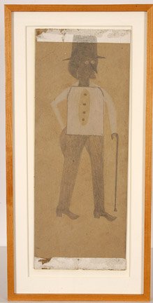 Bill Traylor, Self Portrait with Cane.: Graphite and chalk on cardboard. The original cardboard piece had tape at the top and bottom and Bill Traylor created this image right on top of the cardboard and tape. Strong image. Archival frame. H