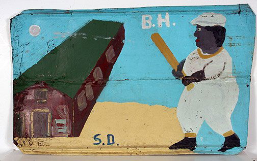 Sam Doyle, B H - Baseball Player & Red Barn.: Paint on tin. 42" w x 25" h. Good condition. Unframed. Intialed with S.D. on bottom. Provenance: Roger McLaine. Est. $8,000-12,000. Ship: $75