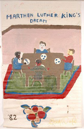 Sam Doyle, Marthen Luther King's Dream (sic.): Signed and dated, 1982. Oil on window shade. 35" w x 72" h. Excellent condition. Provenance: Dr. Regenia Perry. Est. $3,000-5,000. Ship: $30