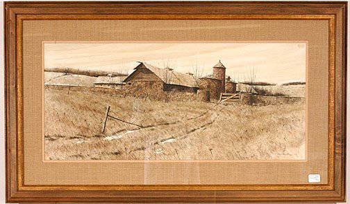 Nicholas Berger, Spring Thaw.: Watercolor and ink on paper. Signed and dated, 1977. Image is 33.5" w x 14.5" h. Frame is 44" w x 26" h. Excellent condition. Est. $1,000-2,000. Ship: $75. Considered a great American artist, Berger's