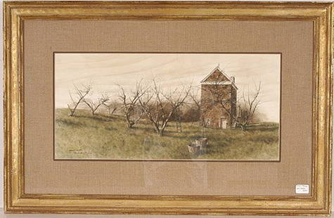 Nicholas Berger, Apple Ladder.: Watercolor and ink on paper. Signed and dated 1977. Image is 25.5" w x 12.5" h. Frame is 37" w x 24" h. Excellent condition. Est. $1,000-2,000. Ship: $50. Considered a great American artist, Berger's
