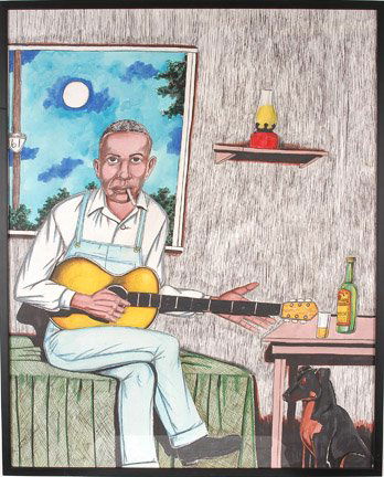 Roy Ferdinand, Robert Johnson.: Mixed media on posterboard. Signed. 1999. 33.5" w x 41.5" h. Framed with plexiglass. Provenance: Barbara Louviere. Excellent condition. Est. $800-1,200. Ship: $60