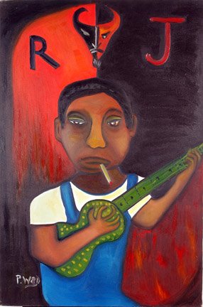 Peter Wood, Robert Johnson.: Oil on canvas. Signed. 1998. 24" w x 36" h. Excellent condition. Unframed. Provenance: Barbara Louviere. Est. $300-400. Ship: $45