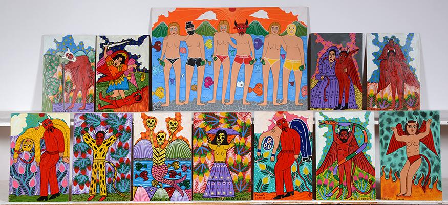 Nicolas & Jesus Lorenzo. 12 Works with Devil.: Nicolas & Jesus Lorenzo. 12 Works Depicting The Devil. Signed. All are paint on masonite. Great condition. Largest is 23” x 16”. Smallest is 8” x 12”. Est. $500-800. Ship: $75