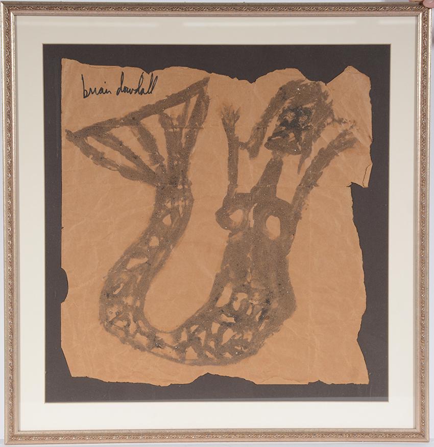 Brian Dowdall. Early Mermaid.: Brian Dowdall. Early Mermaid. Signed. Sand and dirt mixture on found brown paper. Great condition. 24” x 24” with frame. Proceeds to benefit The Paradise Garden Foundation. Est. $300-500. 
