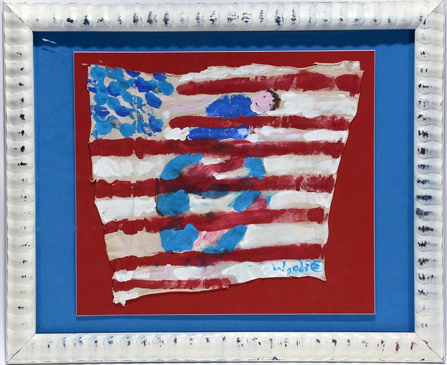 Woodie Long. American Flag.: Woodie Long. American Flag. Signed. Not dated. Painted cotton t-shirt. Excellent condition. Size with frame is 22” x 18”. Est. $200-300. Ship: $45