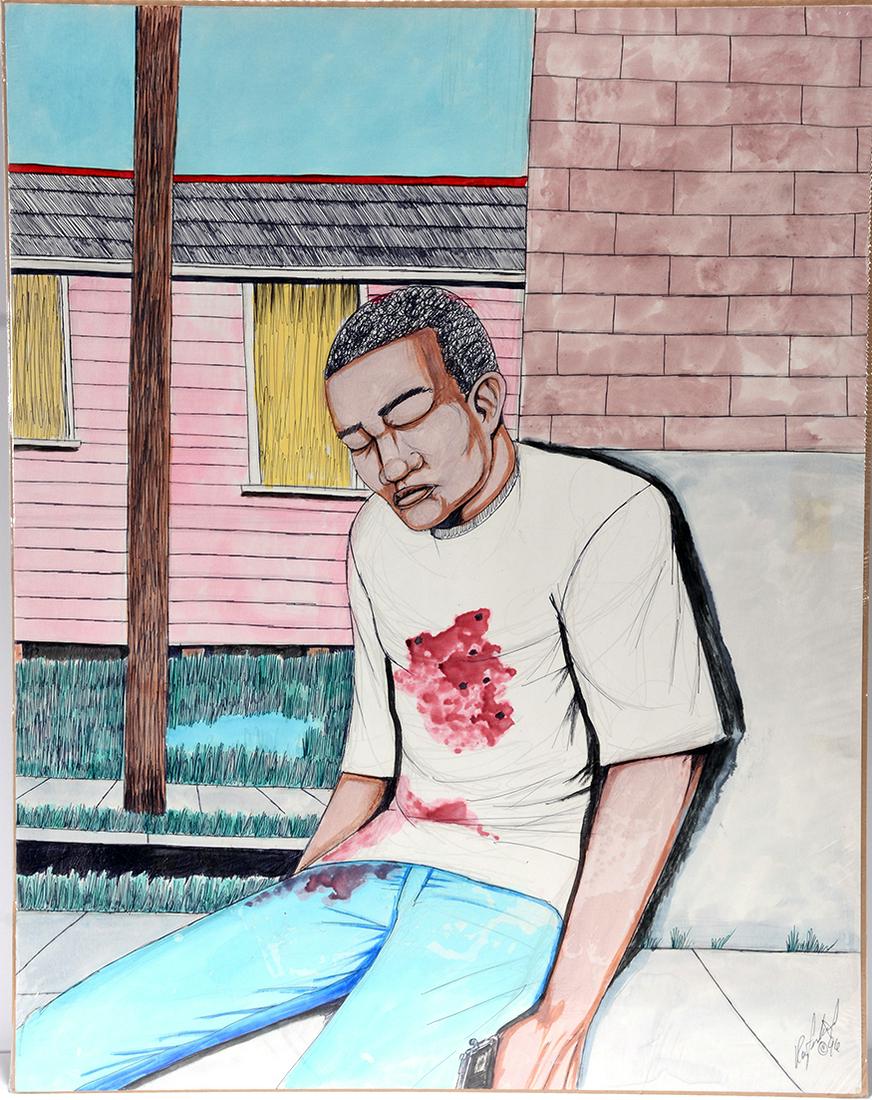 Roy Ferdinand. Shot!: Roy Ferdinand. Shot! 1996. Signed and dated. Paint and ink on poster. Slight water staining, otherwise good condition. 22” w x 28” h. Est. $600-900. Ship: $55