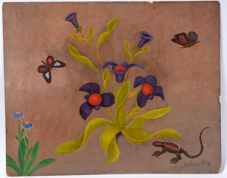Lawrence Lebduska. Lizard & Flower.: Lawrence Lebduska. Lizard & Flower. Signed. Not dated. Oil on masonite. Wear to edges and paint rubs, otherwise fair condition. 20” w x 16” h. Est. $300-500. Ship: $45