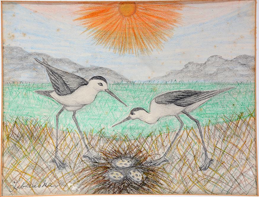Lawrence Lebduska. Shore Birds With Nest.: Lawrence Lebduska. Shore Birds With Nest. Signed. Colored pencil on paper. Minor foxing and paper wear, otherwise fair condition. Image is 13” x 10”. Provenance: The Personal Collection of