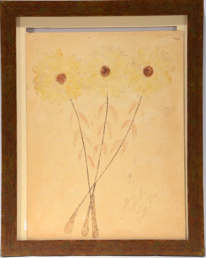 Lee Godie. Daisies.: Lee Godie. Daisies. Signed and titled. Ink and mixed media on found artist board. Fading of colors. Needs to be reset in frame, otherwise good condition. 15” w x 19” h with frame. Es