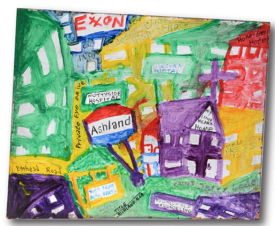 Mark Anthony Mulligan. Richland, U.S.A.: Mark Anthony Mulligan. Richland, U.S.A. 1993. Signed, dated and titled. Paint and marker on found board. Great condition. 38” w x 32” h. Est. $600-900. Ship: $85