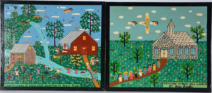 Roy Finster. Country Living & Church.: Roy Finster. Country Living and Rock Hill Church. 1993. Signed, dated and titled. Paint on boards. Excellent condition. Each is 12” x 14”. Est. $300-500. Ship: $35