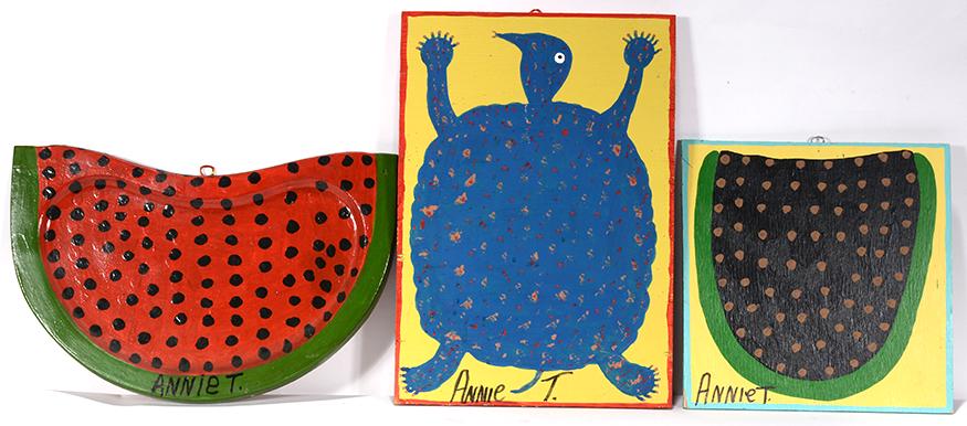 Annie Tolliver. Watermelons & Turtle.: Annie Tolliver. Watermelons and Turtle. 2008-14. Signed, dated and titled. Paint on boards. Great condition. Average size is 12” x 17”. Est. $300-500. Ship: $45
