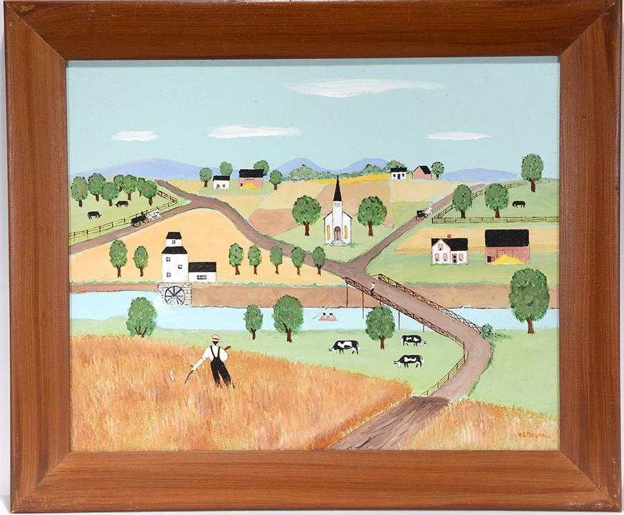 Harold Bayer. Farm Scene.: Harold Bayer. Farm Scene. Signed. Not dated. Oil on masonite. Excellent condition. 24” x 20” with frame. Est. $300-500. Ship: $45