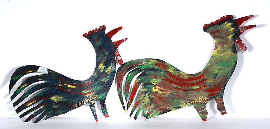 R.A. Miller. Pair Colorful Roosters. (1 of 1)