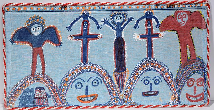 Artis Wright. Faces & Figures.: Artis Wright. Faces & Figures. 2000. Signed and dated. Paint on cardboard with decorative rope frame. Great condition. 30” x 16”. Provenance: Collection of Georgine & Jack Clarke. Est. $10