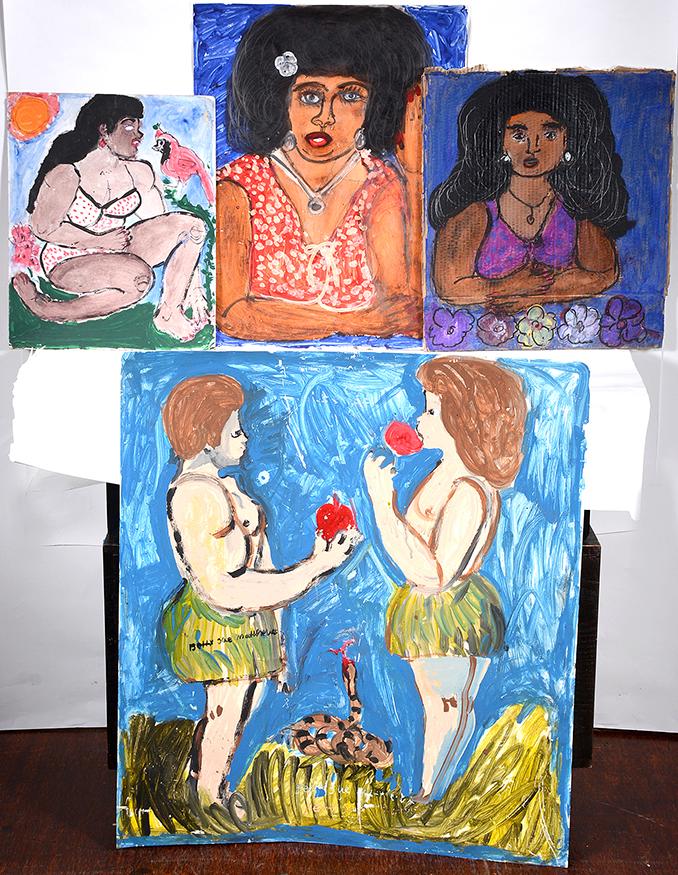 Betty Sue Matthews. 4 Paintings.: Betty Sue Matthews. Four Original Paintings. Signed. Paint on paper. Good condition. Largest is 34” x 38”. Provenance: Collection of Georgine & Jack Clarke. Est. $50-100. Ship: $65
