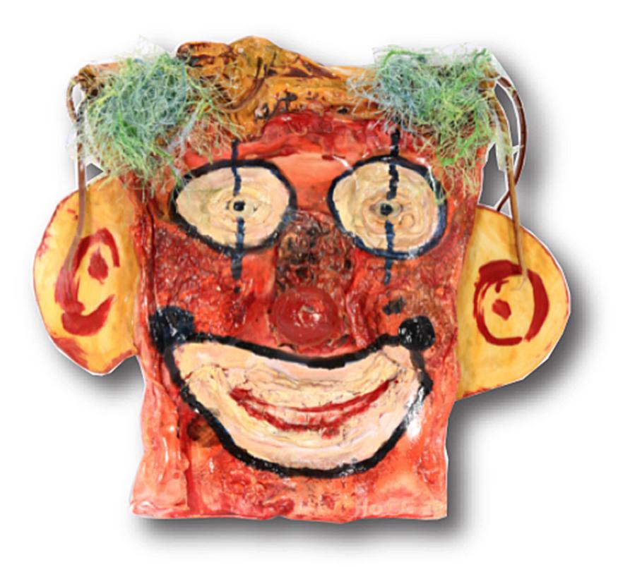 Danny Bucketman Hoskinson. Clown.: Danny Bucketman Hoskinson. Clown Face. Signed. Melted plastic and mixed media. Great condition. 12” d. Est. $100-200. Ship: $35